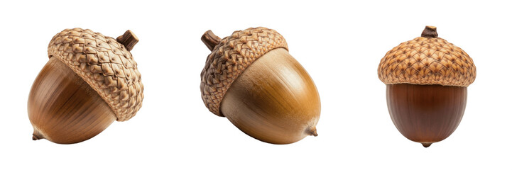 Set of three brown oak acorns with textured caps isolated on white background © Ibrar