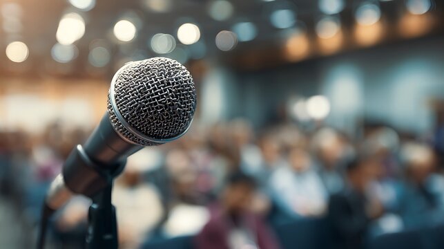 Close-up of a microphone with a blurred audience in the background, focused on the event