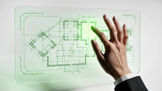 A hand reaching out to touch a transparent screen displaying a green architectural blueprint