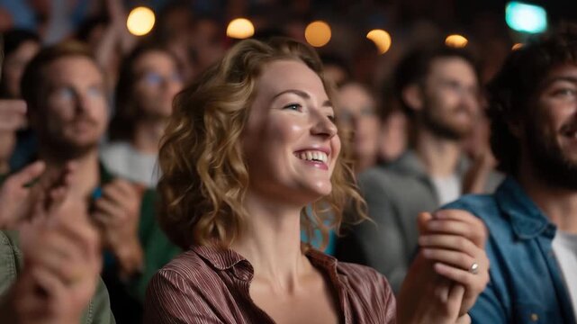 Audience cheers and claps joyfully during live performance in a vibrant theater setting at night