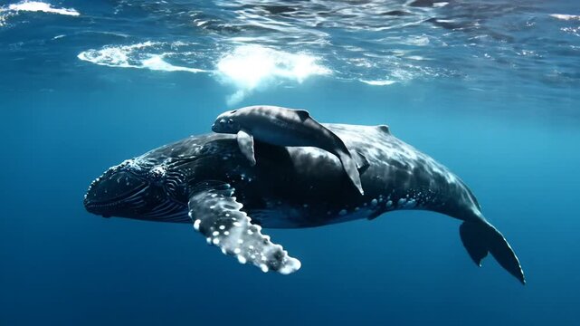 Mother humpback whale swimming with her calf underwater in ocean