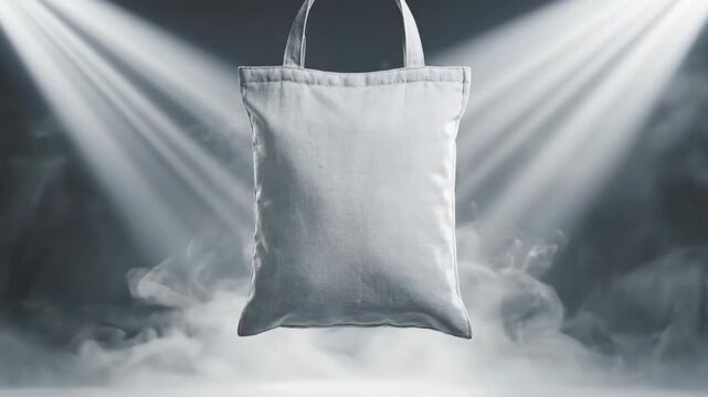 White blank canvas tote bag mockup floating on stage with spotlight concept.