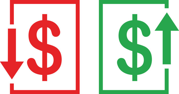 Dollar currency up and down arrow icons set financial increase decrease symbol money market trend vector illustration collection