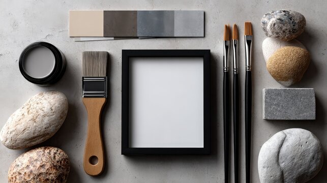 Minimalist Art Frame Mockup with Brushes and Neutral Stones