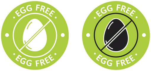 Egg free round badge labels with crossed egg icon allergen free healthy food sticker green organic diet packaging vector illustration set