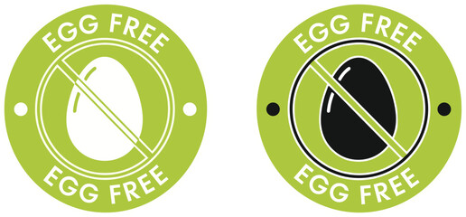 Egg free food label badge set with crossed egg icon round allergen free diet sticker green organic packaging vector illustration