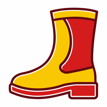 Brightly colored yellow and red work boot or rain boot with a dark red outline