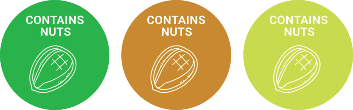 Contains nuts allergen warning badge set with peanut icon round food label allergy information sticker vector illustration collection