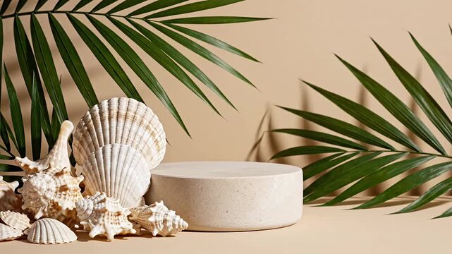 Tropical seashells and palm leaves with podium on beige background