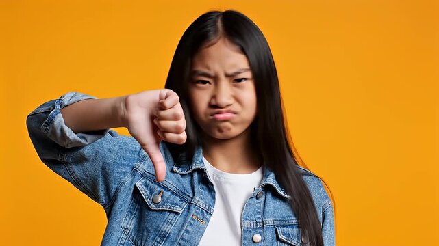 Asian woman shows disapproval gesture.
