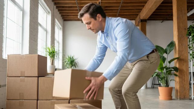 Man carefully moving and stacking cardboard moving boxes during relocation, demonstrating proper lifting technique and organization.