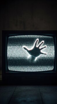 Glowing hand emerging from static on old television screen. Horror concept of paranormal activity and haunted broadcasting from the unknown.