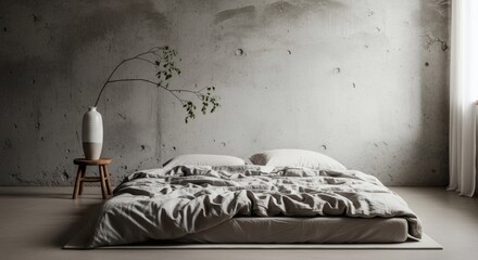Wabi-Sabi Bedroom with Raw Concrete Walls and Minimalist Decor