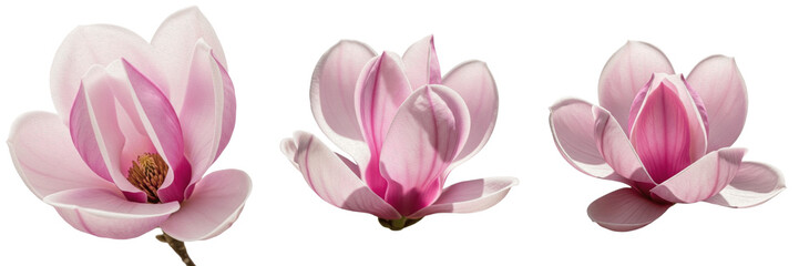 Set of realistic pink magnolia blossoms with delicate petals and soft gradients isolated on white background © Ibrar