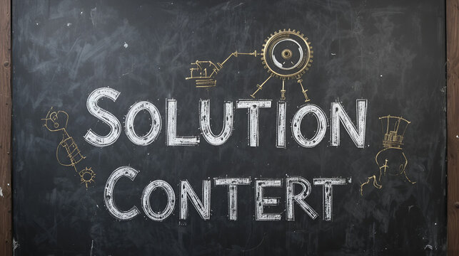 A "Solution Gear Concept" on a chalkboard typically depicts gears or cogs symbolizing the interworking parts of a solution or system.