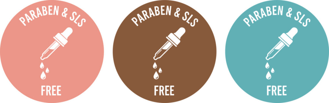 Paraben and SLS free cosmetic badge set with dropper pipette icon natural skincare product label vector collection