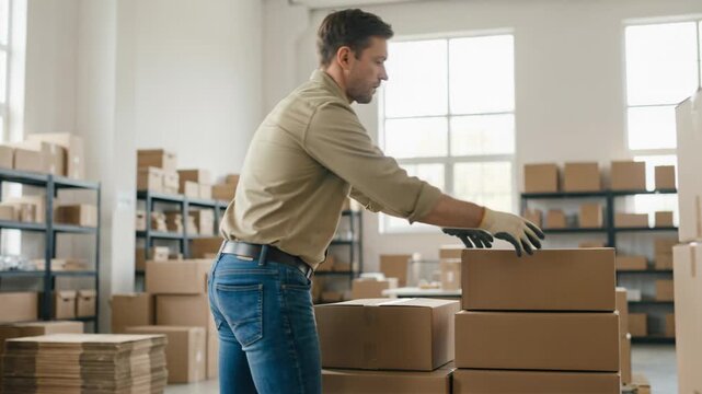 Caucasian man warehouse worker stacks cardboard box on pile in commercial storage room during relocation or delivery process