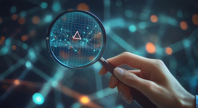 Magnifying glass reveals digital anomaly within complex interconnected network of glowing data points, symbolizing cybersecurity and threat detection.