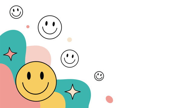 Cheerful background design featuring an assortment of happy smiley emoji faces, sparkling stars, and vibrant organic shapes in a lively corner composition.