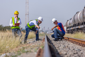 Fototapeta premium Railway Engineering Team Inspecting Rail Track at Freight Yard