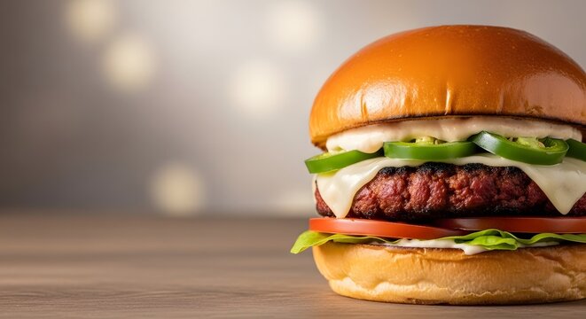 Vegan burger is presented on a rustic wooden surface with a soft, inviting bokeh background, suggesting a.
