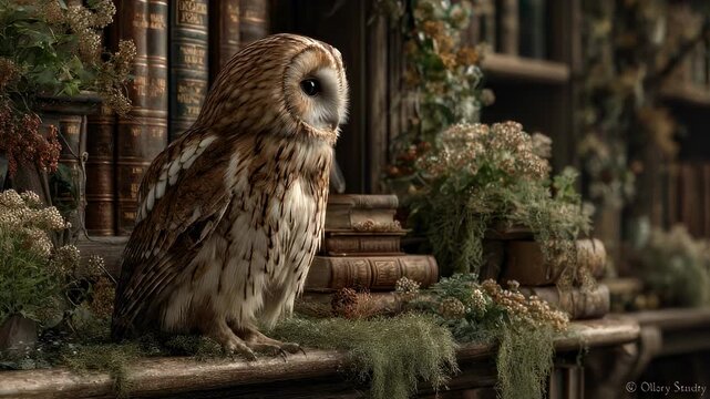 Wise owl observing books in a vintage library setting with elegant and intricate details
