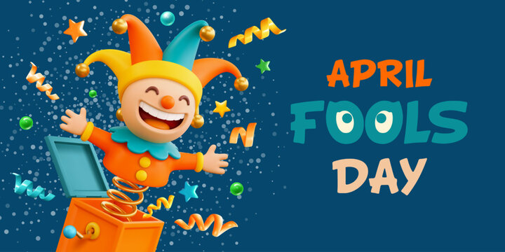 April Fools Day banner with a laughing jester popping from a box. Bright and cheerful Jack in the box, colorful confetti and text creating a fun, festive, and humorous mood. 3d vector illustration