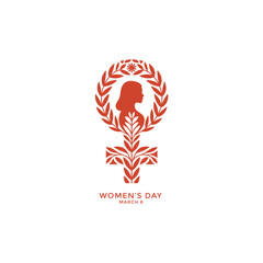A stylized red silhouette of a woman s profile framed by laurel branches and text below