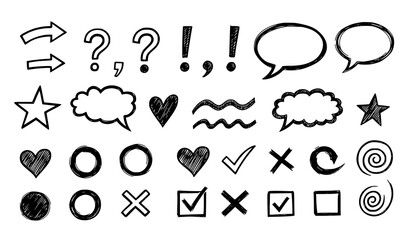 Fototapeta premium Sketch-style playful doodle vector icons with arrows punctuation and speech bubbles for annotations