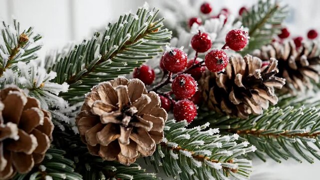 A close-up of frosted pine cones and evergreen needles in a snowy winter scene
