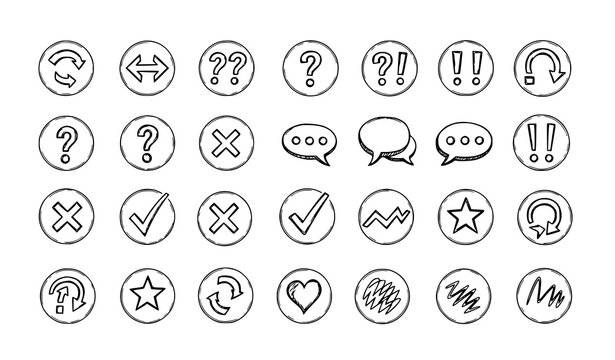 Editable hand-drawn line icons pack with sketchy arrows punctuation marks and playful doodles vector set