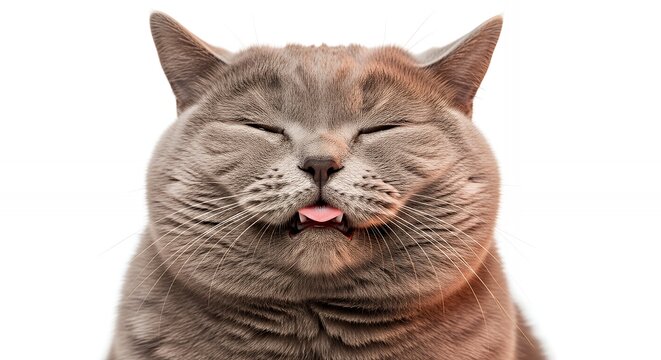 Funny portrait of a chubby grey British Shorthair cat sticking its tongue out with closed eyes, expressing humor, bliss, and relaxation. Perfect for pet-related memes and creative advertising