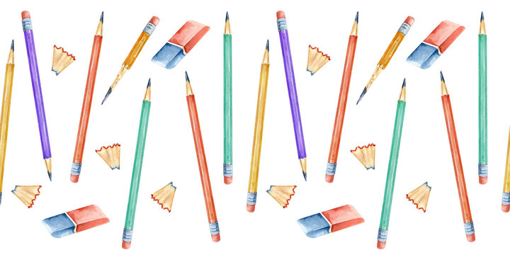 Back to School watercolor colored pencil seamless horizontal pattern with eraser and pencil shavings. Hand painted school supplies repeat texture for fabric, textile, packaging, stationery branding