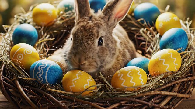 A Curious Baby Fox Cub Snuggled Inside a Woven Nest Surrounded by Easter Eggs