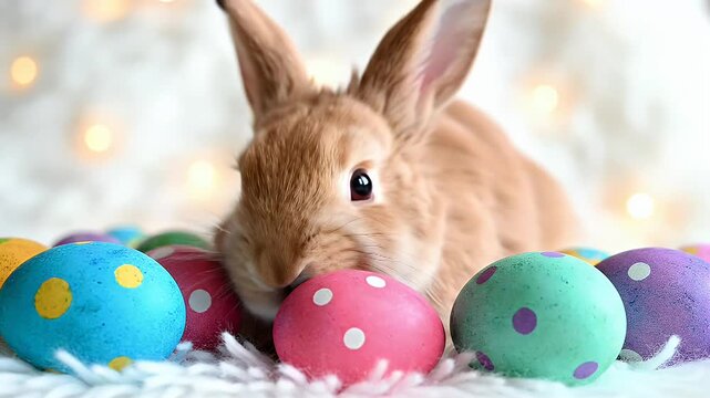 A Curious Brown Rabbit Surrounded by Brightly Colored Easter Eggs in a Cozy Festive Setting