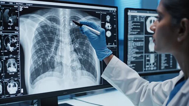 Female Doctor Analyzing Chest X-ray and CT Scan on Computer Screen, Medical Diagnosis and AI Technology in Laboratory