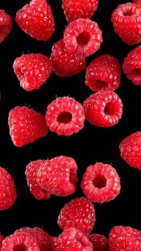 Fresh Red Raspberries Falling on Black Background - Slow Motion Macro Shot of Organic Berries for Food Design
