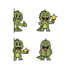 Cartoon dinosaur character showing different emotions and actions with copy space