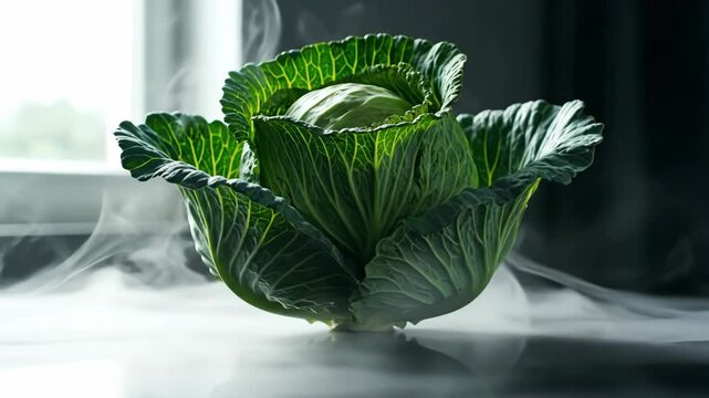 Fresh green cabbage on a reflective surface near a window, healthy vegetable food.
