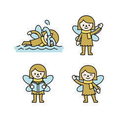 Naklejka premium Cartoon girl with butterfly wings in various poses on white background