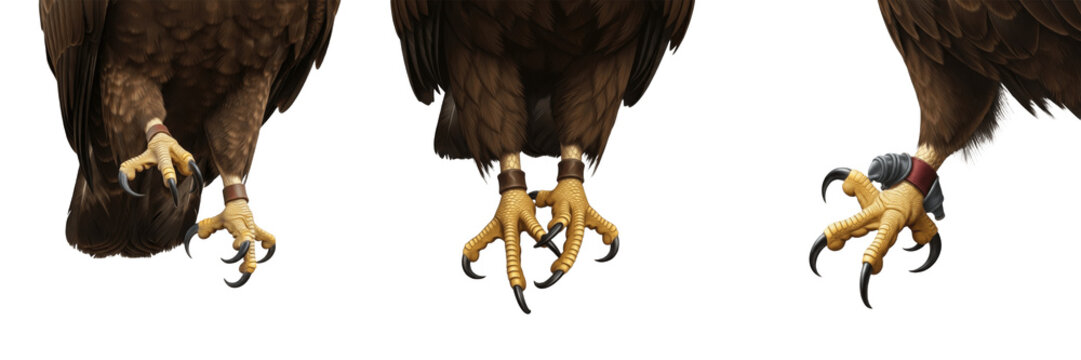 Falconry set featuring eagle feet with leather jesses and sharp hunting talons isolated on white background