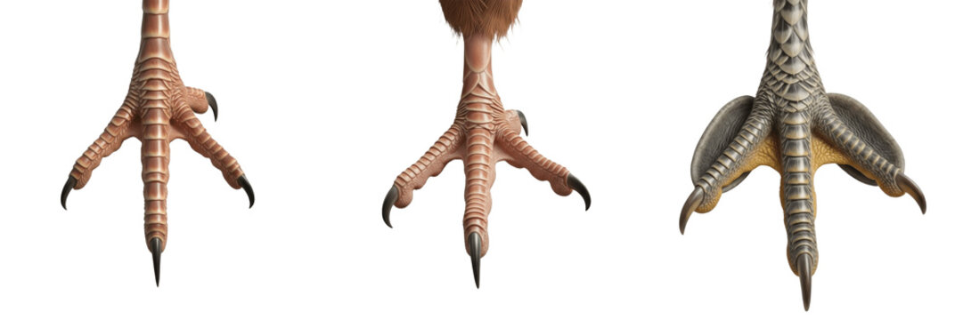 Set of realistic bird feet and scaly legs featuring pinkish-brown tones and sharp claws isolated on white