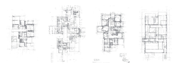 Architectural blueprint plans with detailed floor layouts and handwritten annotations on white background