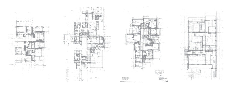 Architectural blueprint plans with detailed floor layouts and handwritten annotations on white background