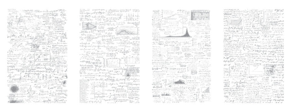 Handwritten mathematical equations and scientific formulas on white paper background mathematics science
