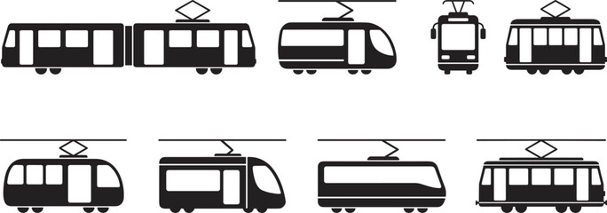 Electric Tram and Modern Train Silhouettes Set, Urban Public Transport Collection with Side and Front View Vector © Hello World