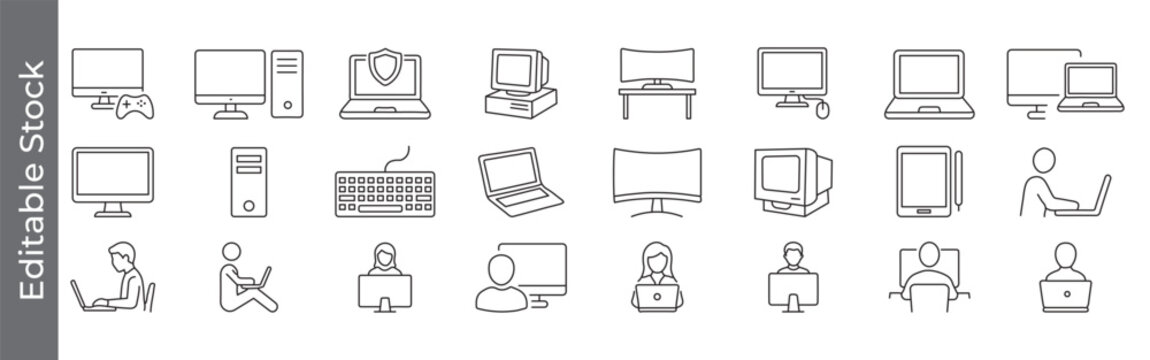 Computer, laptop and workstation icon set &ndash; editable outline symbols of desktop, monitor, keyboard, tablet, user and remote work