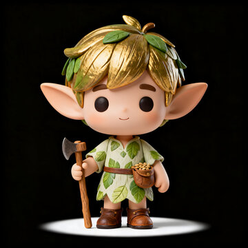 chibi forest elf worker, light leaf-pattern tunic, small wooden tool axe