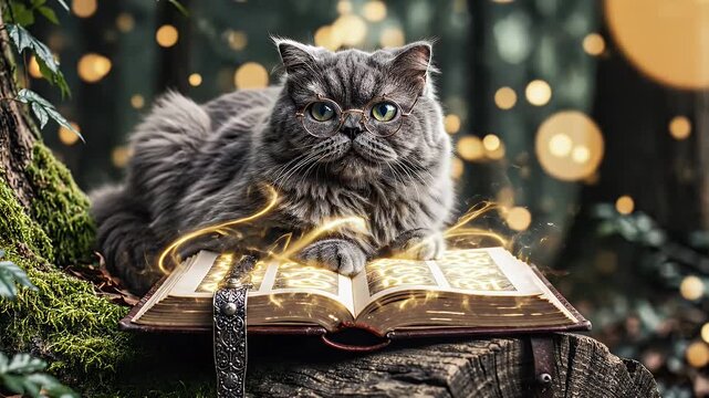 A Grumpy Gray Cat Perches On A Mossy Log Beside An Open Ornate Spellbook In A Fairy-Lit Forest Scene