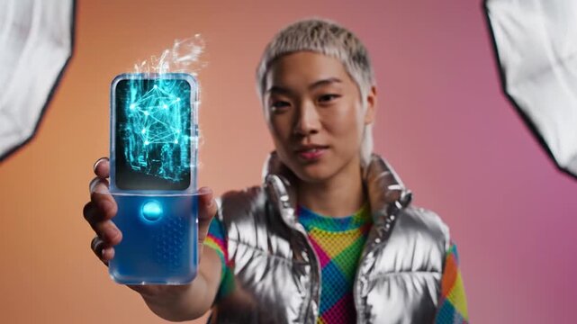 Smiling person holds futuristic phone with augmented reality display